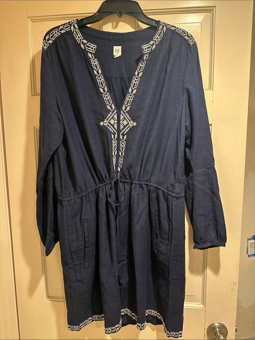 Womens navy embroidered long tunic coat